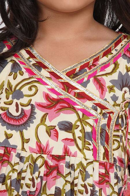 Buy_Little Bansi_Pink Cotton Gota Patti, Embroidery Floral Print Kurta Sharara Set_Online_at_Aza_Fashions