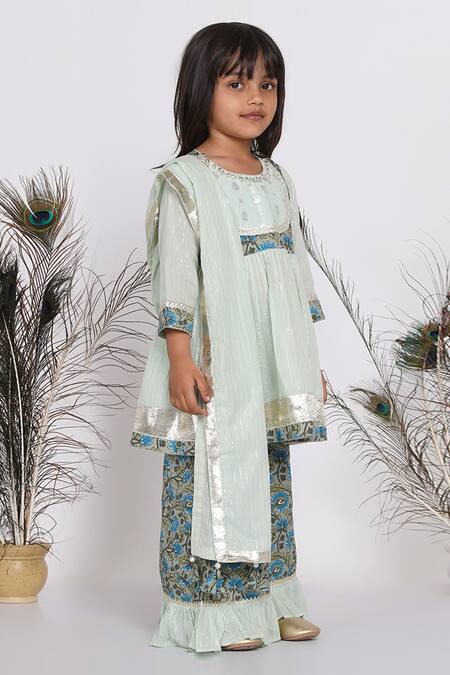 Little Bansi_Green Cotton Sequins, Embroidery, Tassels Floral Print Kurta Palazzo Set _Online_at_Aza_Fashions