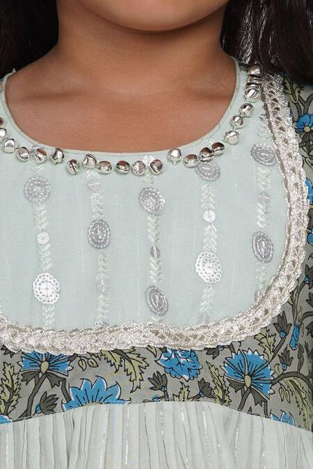 Little Bansi_Green Cotton Sequins, Embroidery, Tassels Floral Print Kurta Palazzo Set _at_Aza_Fashions