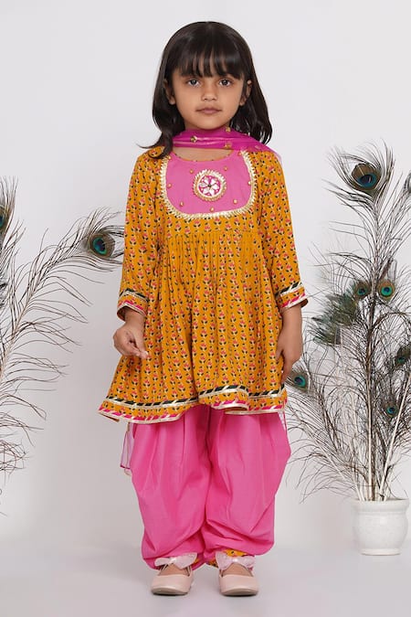 Little Bansi Yellow Cotton And Net Floral Kurta Salwar Set 