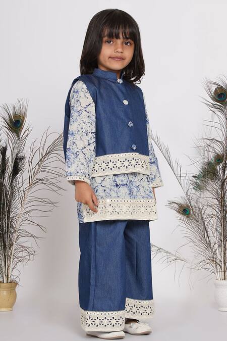 Little Bansi_Blue Cotton Lace, Embroidery Patch Work Jacket Pant Set _Online_at_Aza_Fashions