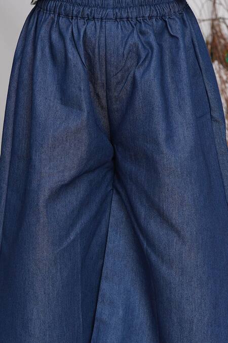 Shop_Little Bansi_Blue Cotton Lace, Embroidery Patch Work Jacket Pant Set _Online_at_Aza_Fashions