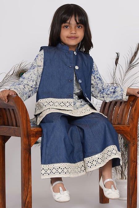 Little Bansi_Blue Cotton Lace, Embroidery Patch Work Jacket Pant Set _at_Aza_Fashions