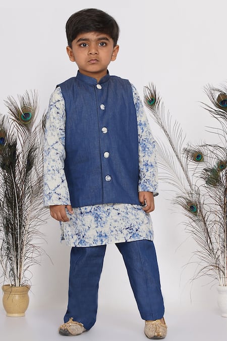 Little Bansi Printed Kurta Set With Denim Bundi 