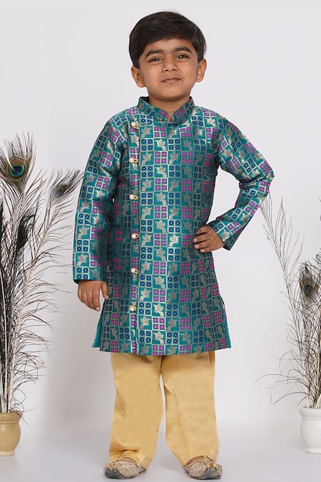 Little Bansi Green Cotton Embroidery Peacock Banarasi Sherwani And Pyjama Set 