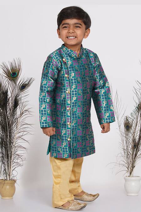 Little Bansi_Green Cotton Embroidery Peacock Banarasi Sherwani And Pyjama Set _Online_at_Aza_Fashions