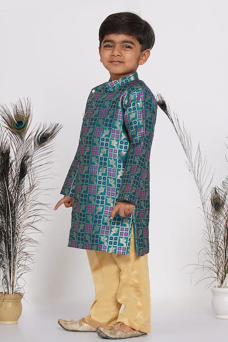 Buy_Little Bansi_Green Cotton Embroidery Peacock Banarasi Sherwani And Pyjama Set _Online_at_Aza_Fashions
