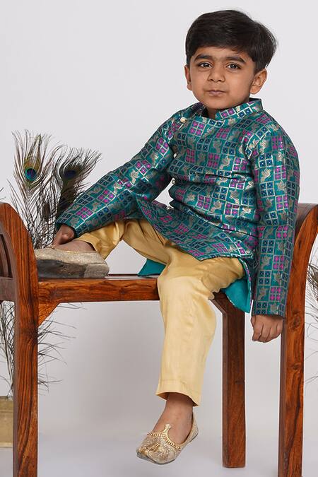 Shop_Little Bansi_Green Cotton Embroidery Peacock Banarasi Sherwani And Pyjama Set _Online_at_Aza_Fashions