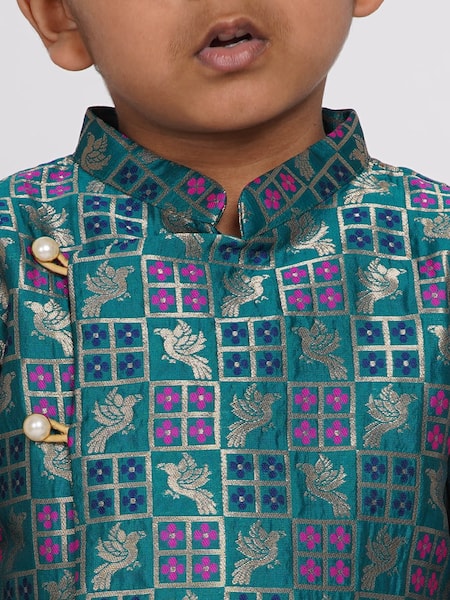 Little Bansi_Green Cotton Embroidery Peacock Banarasi Sherwani And Pyjama Set _at_Aza_Fashions