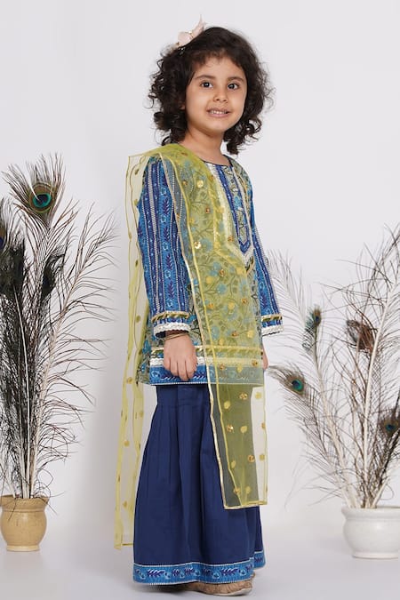 Little Bansi_Blue Cotton, Net Embroidery, Gota Patti Floral Print Kurta Sharara Set _Online_at_Aza_Fashions