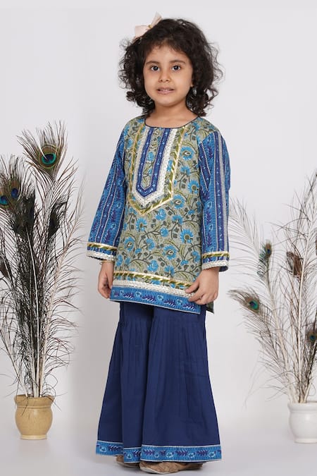 Buy_Little Bansi_Blue Cotton, Net Embroidery, Gota Patti Floral Print Kurta Sharara Set _Online_at_Aza_Fashions