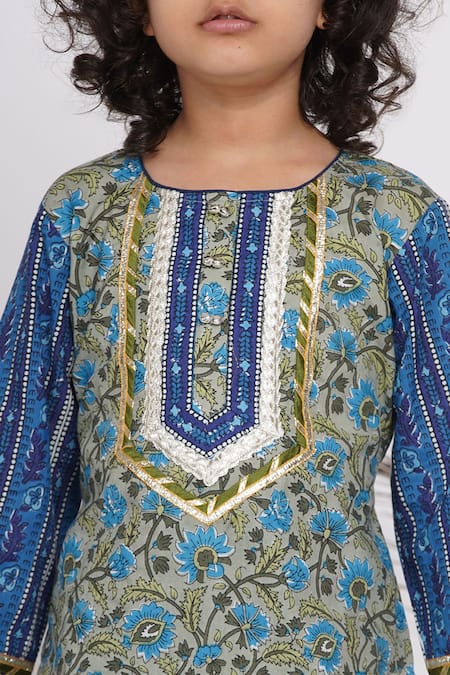 Little Bansi_Blue Cotton, Net Embroidery, Gota Patti Floral Print Kurta Sharara Set _at_Aza_Fashions