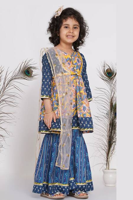 Little Bansi_Blue Cotton, Net Embroidery, Gota Patti Floral Print Kurta Sharara Set_Online_at_Aza_Fashions