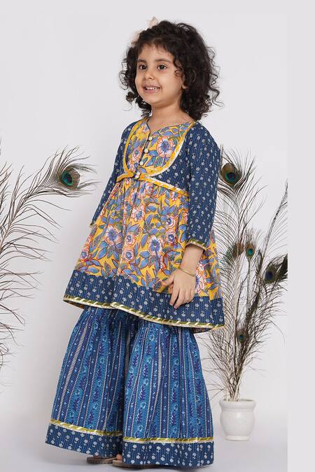 Buy_Little Bansi_Blue Cotton, Net Embroidery, Gota Patti Floral Print Kurta Sharara Set_Online_at_Aza_Fashions