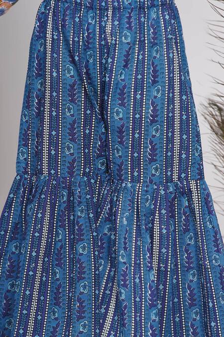 Shop_Little Bansi_Blue Cotton, Net Embroidery, Gota Patti Floral Print Kurta Sharara Set_Online_at_Aza_Fashions