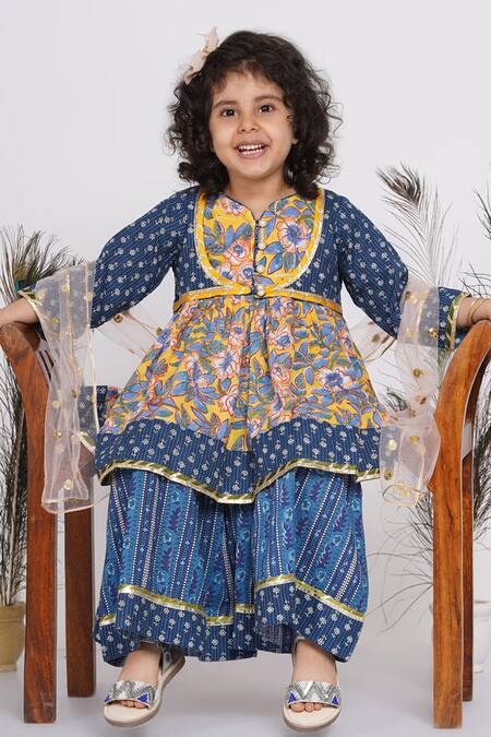 Little Bansi_Blue Cotton, Net Embroidery, Gota Patti Floral Print Kurta Sharara Set_at_Aza_Fashions