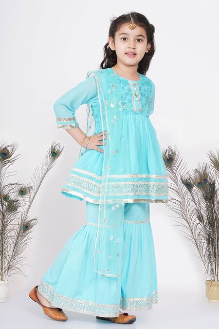 Little Bansi_Blue Cotton, Net Beads, Gota Patti, Embroidery Floral Kurta Sharara Set_Online_at_Aza_Fashions