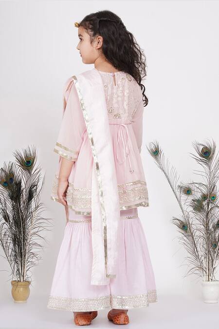 Shop_Little Bansi_Pink Cotton, Net Pearls, Sequins, Gota Patti, Floral Kurta Sharara Set_at_Aza_Fashions