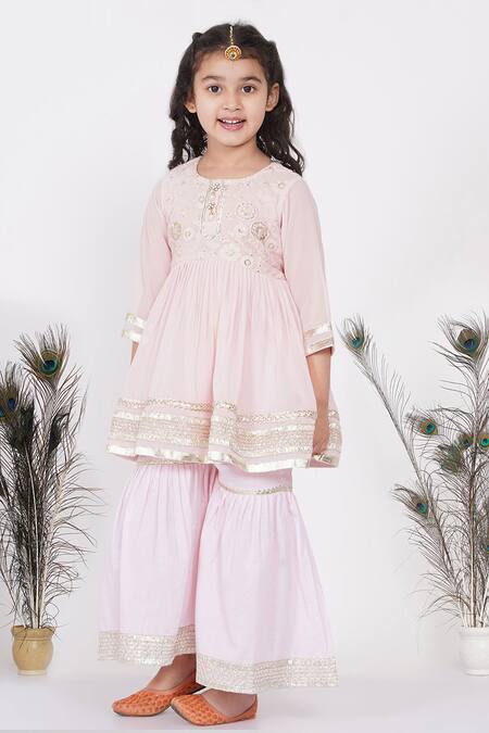 Shop_Little Bansi_Pink Cotton, Net Pearls, Sequins, Gota Patti, Floral Kurta Sharara Set_Online_at_Aza_Fashions