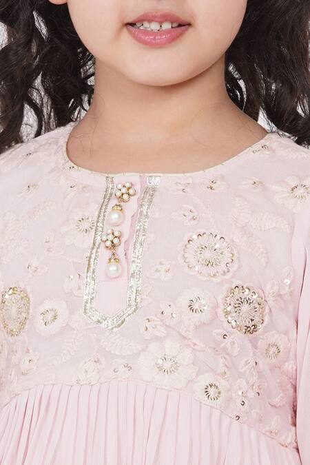 Little Bansi_Pink Cotton, Net Pearls, Sequins, Gota Patti, Floral Kurta Sharara Set_at_Aza_Fashions