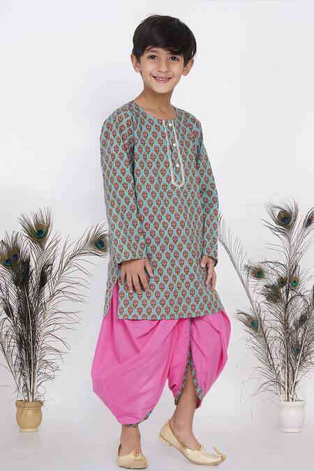 Little Bansi_Blue Cotton Floral Print Kurta And Dhoti Pant Set _Online_at_Aza_Fashions