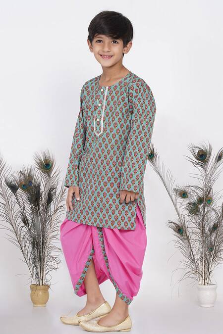 Buy_Little Bansi_Blue Cotton Floral Print Kurta And Dhoti Pant Set _Online_at_Aza_Fashions