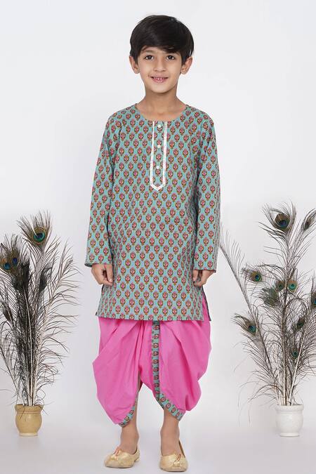 Shop_Little Bansi_Blue Cotton Floral Print Kurta And Dhoti Pant Set _Online_at_Aza_Fashions