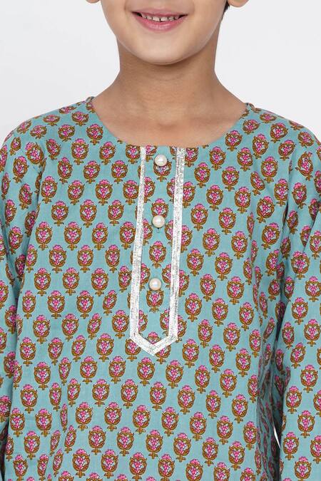 Little Bansi_Blue Cotton Floral Print Kurta And Dhoti Pant Set _at_Aza_Fashions
