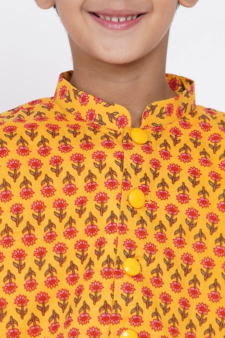 Shop_Little Bansi_Orange Cotton Floral Print Bundi Kurta Set _Online_at_Aza_Fashions
