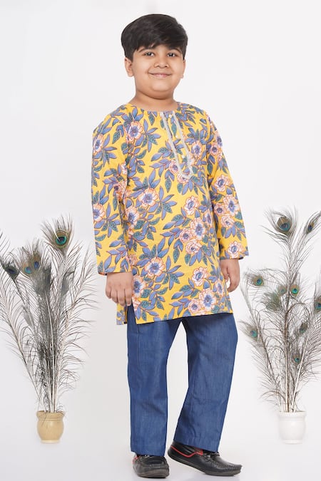 Little Bansi Yellow Cotton Floral Print Kurta And Pant Set