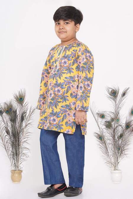 Little Bansi_Yellow Cotton Floral Print Kurta And Pant Set _Online_at_Aza_Fashions