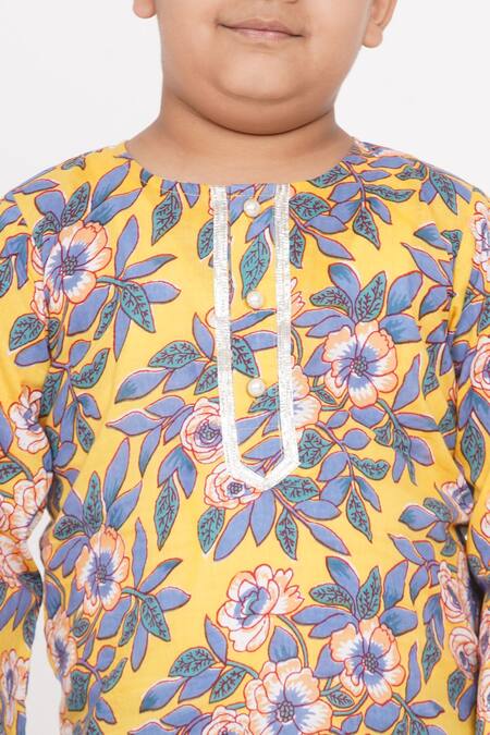 Little Bansi_Yellow Cotton Floral Print Kurta And Pant Set _at_Aza_Fashions