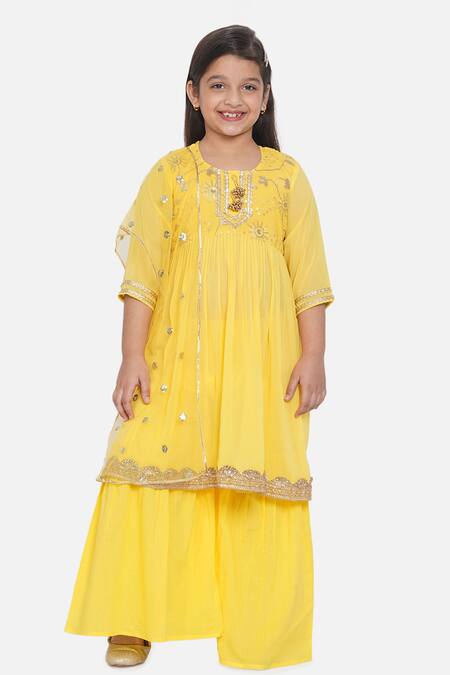 Buy_Little Bansi_Yellow Cotton, Georgette, Net Sequins, Gota Patti Embroidered Anarkali Set _Online_at_Aza_Fashions
