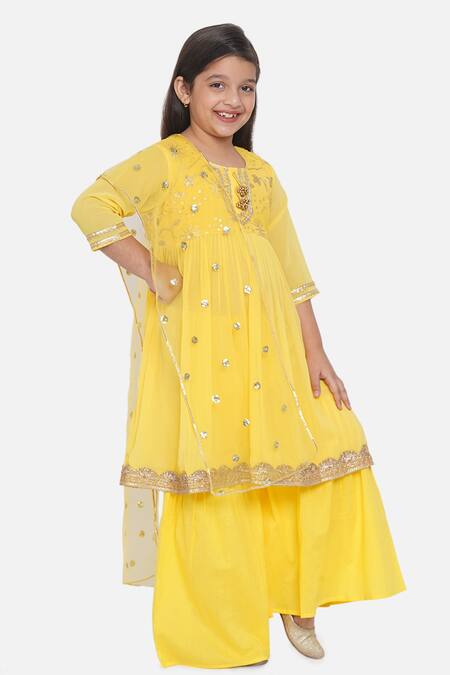 Little Bansi_Yellow Cotton, Georgette, Net Sequins, Gota Patti Embroidered Anarkali Set _Online_at_Aza_Fashions