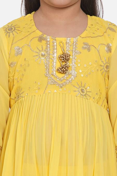 Shop_Little Bansi_Yellow Cotton, Georgette, Net Sequins, Gota Patti Embroidered Anarkali Set _Online_at_Aza_Fashions