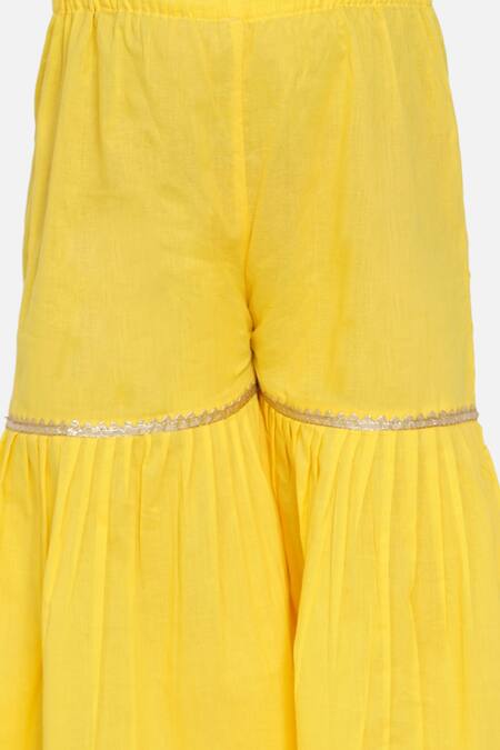 Little Bansi_Yellow Cotton, Georgette, Net Sequins, Gota Patti Embroidered Anarkali Set _at_Aza_Fashions