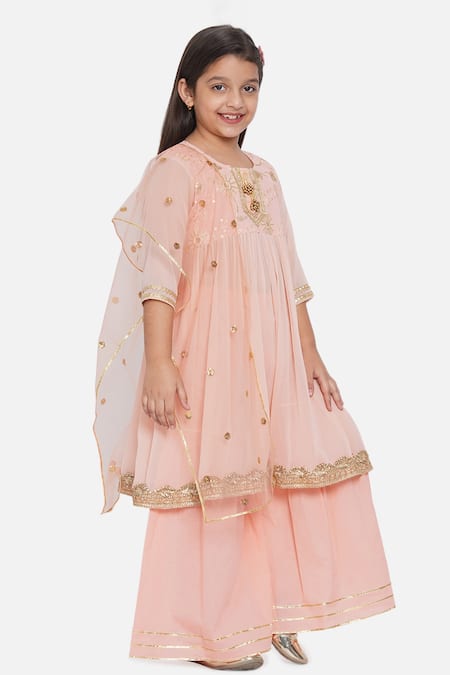 Little Bansi_Peach Cotton, Georgette, Net Sequins, Gota Patti Embroidered Anarkali Set _Online_at_Aza_Fashions
