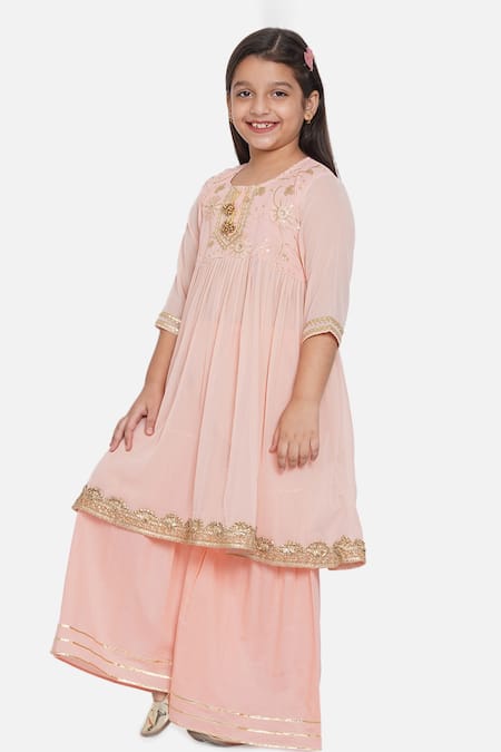 Buy_Little Bansi_Peach Cotton, Georgette, Net Sequins, Gota Patti Embroidered Anarkali Set _Online_at_Aza_Fashions