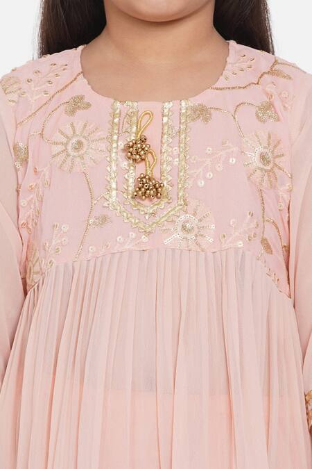 Shop_Little Bansi_Peach Cotton, Georgette, Net Sequins, Gota Patti Embroidered Anarkali Set _Online_at_Aza_Fashions