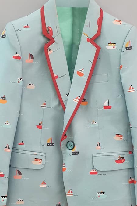 Little Brats_Blue Rayon Boat Print Blazer _Online_at_Aza_Fashions