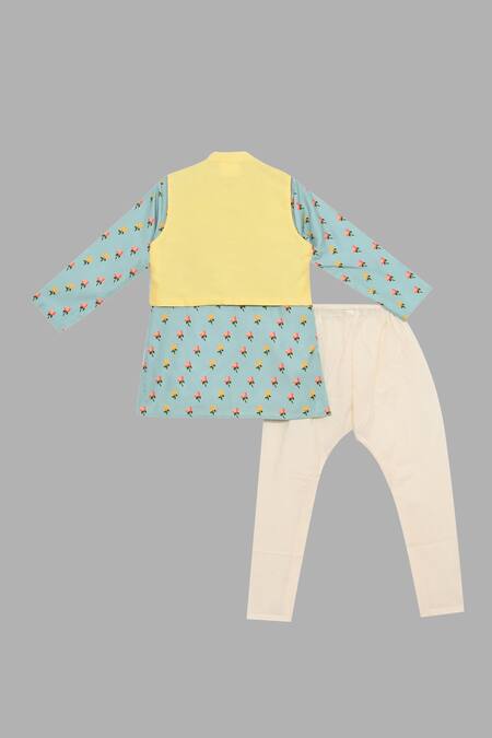 Buy Little Brats Yellow Kota Doria, Rayon Embroidery Floral Bundi Kurta Set Online at Aza Fashions Buy_Little Brats_Yellow Kota Doria, Rayon Embroidery Floral Bundi Kurta Set _Online_at_Aza_Fashions