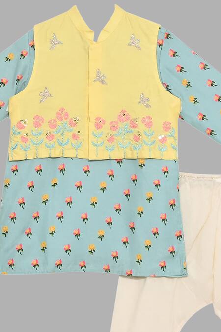 Shop Little Brats Yellow Kota Doria, Rayon Embroidery Floral Bundi Kurta Set Online at Aza Fashions Shop_Little Brats_Yellow Kota Doria, Rayon Embroidery Floral Bundi Kurta Set _Online_at_Aza_Fashions