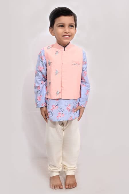 Little Brats Peach Silk, Kota Doria Embroidery Bird Bundi Kurta Set 