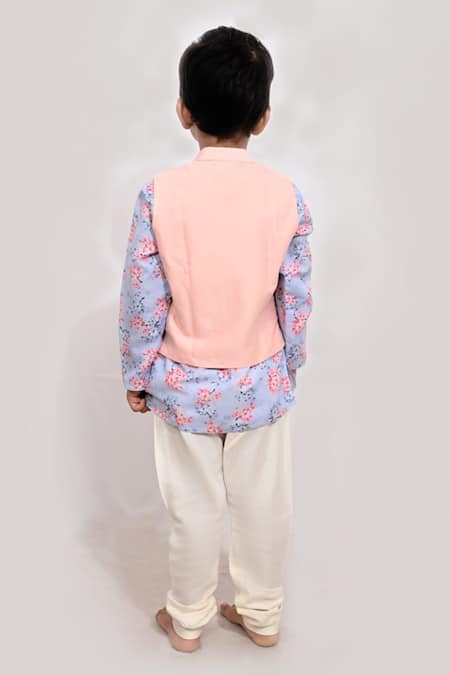 Shop Little Brats Peach Silk, Kota Doria Embroidery Bird Bundi Kurta Set at Aza Fashions Shop_Little Brats_Peach Silk, Kota Doria Embroidery Bird Bundi Kurta Set _at_Aza_Fashions