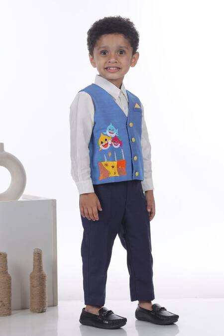 Buy Little Brats Blue , Satin Embroidery Waistcoat Pant Set Online at Aza Fashions Buy_Little Brats_Blue , Satin Embroidery Waistcoat Pant Set _Online_at_Aza_Fashions