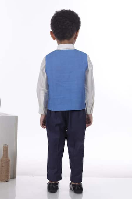 Shop Little Brats Blue , Satin Embroidery Waistcoat Pant Set at Aza Fashions Shop_Little Brats_Blue , Satin Embroidery Waistcoat Pant Set _at_Aza_Fashions