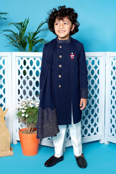 Shop Little Boys Closet Blue Silk, Cotton Embroidery Draped Sherwani And Pant Set at Aza Fashions Shop_Little Boys Closet_Blue Silk, Cotton Embroidery Draped Sherwani And Pant Set _at_Aza_Fashions