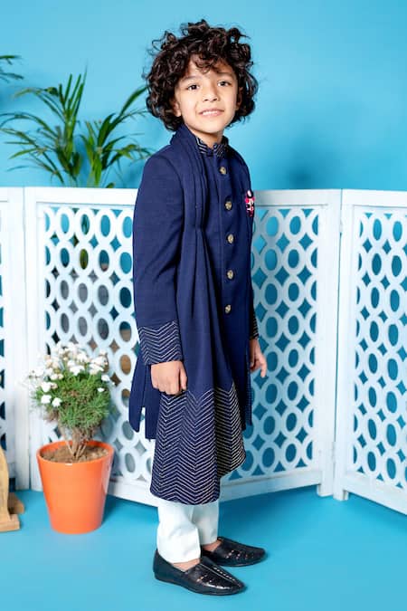 Little Boys Closet Blue Silk, Cotton Embroidery Draped Sherwani And Pant Set Online at Aza Fashions Little Boys Closet_Blue Silk, Cotton Embroidery Draped Sherwani And Pant Set _Online_at_Aza_Fashions