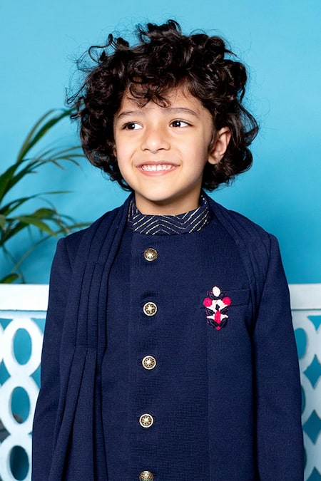 Buy Little Boys Closet Blue Silk, Cotton Embroidery Draped Sherwani And Pant Set Online at Aza Fashions Buy_Little Boys Closet_Blue Silk, Cotton Embroidery Draped Sherwani And Pant Set _Online_at_Aza_Fashions