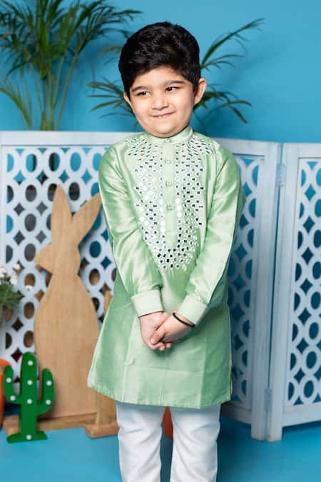 Shop Little Boys Closet Green Cotton, Silk Mirrors Embellished Kurta Set at Aza Fashions Shop_Little Boys Closet_Green Cotton, Silk Mirrors Embellished Kurta Set _at_Aza_Fashions